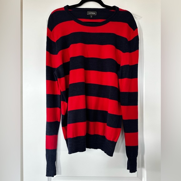 Men’s Express Crewneck Sweater Large Striped Red and Black - Picture 2 of 5
